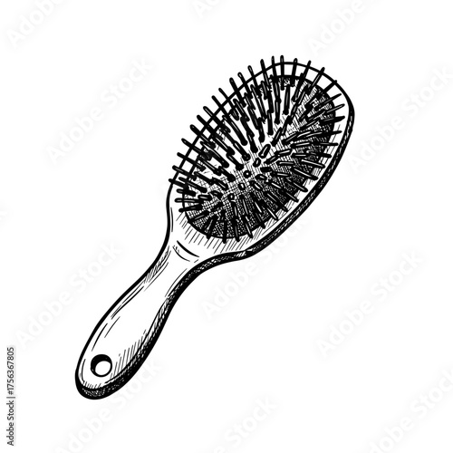 Hairbrush with wooden handle and round, flexible bristles, black and white vector illustration on transparent background  