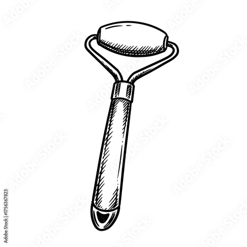 Facial roller with jade stone in hand-drawn sketch style, black and white vector illustration on transparent background      