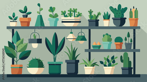 A collection of potted greenery and succulents p on industrialstyle shelves.