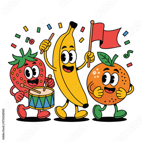 Animated fruits celebrate with a drum and flag amidst confetti
