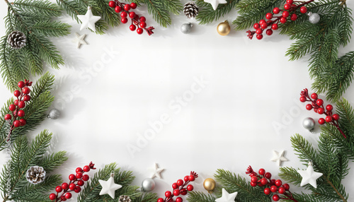 Festive rectangular Christmas frame decorated with fir branches, red berries, silver ornaments, and stars on white background.
