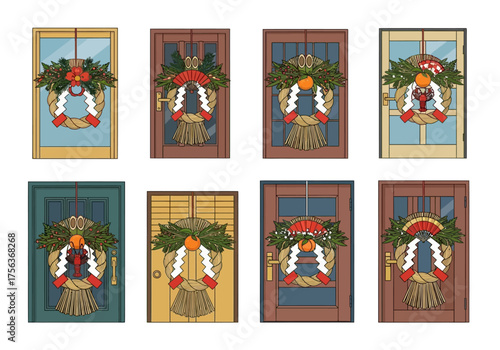Eight doors with traditional Shōgatsu wreaths in various colors and styles