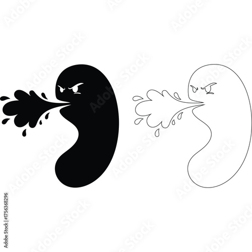Angry bean character spitting black and white vector illustration outline cartoon drawing design clipart