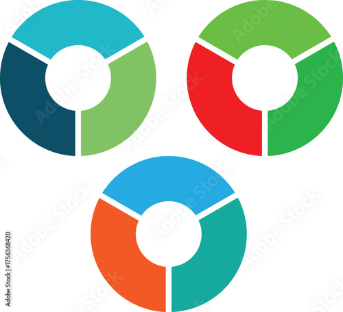 colorful donut pie chart icons with segmented circular designs in teal green red blue and orange for analytics and data visualization 