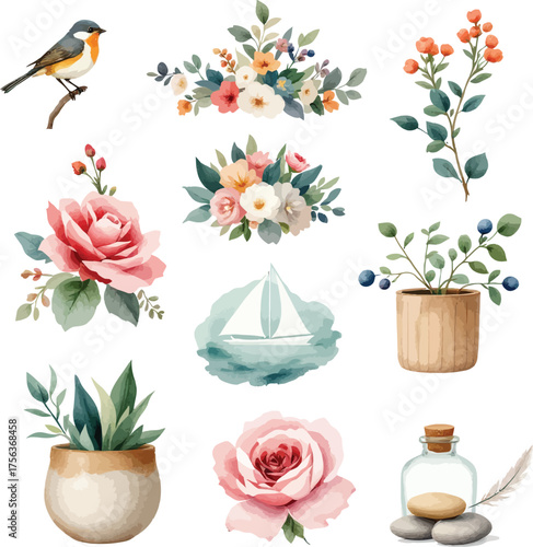 Watercolor floral set bird and sailboat