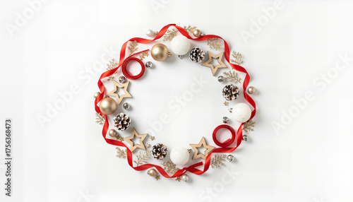 Beautiful handmade Christmas wreath decorated with red ribbon, golden stars, pine cones, and white ornaments on a white background.