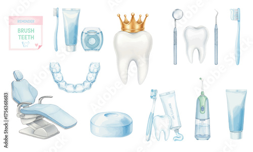 Watercolor Dental Care and Orthodontic Supplies Collection