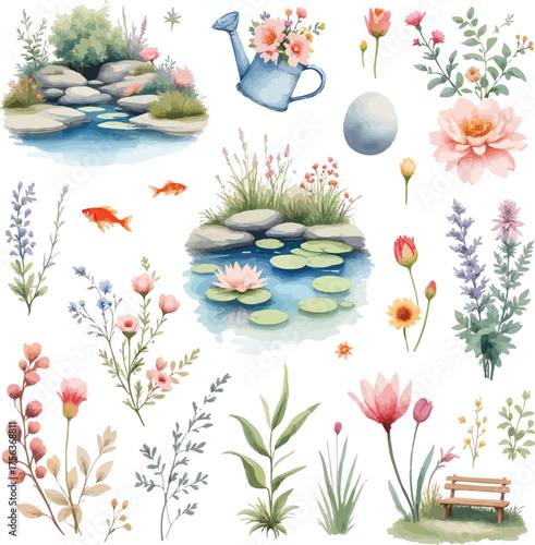 Watercolor Garden Pond Illustration with Flowers