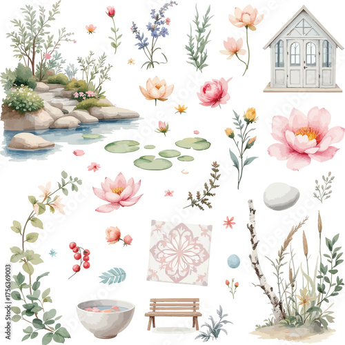 Watercolor garden spa elements illustration collection