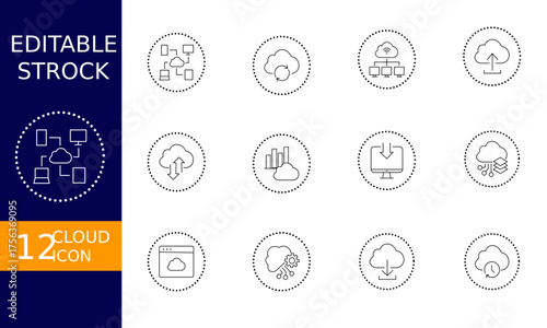 Vector art of cloud computing icons set featuring data storage, network infrastructure, and online services, for easy integration