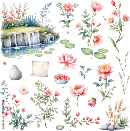 Watercolor garden with flowers and waterfall