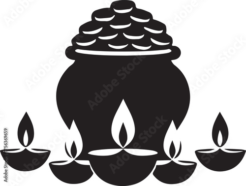 Traditional indian pot overflowing with coins surrounded by lit diyas for prosperity