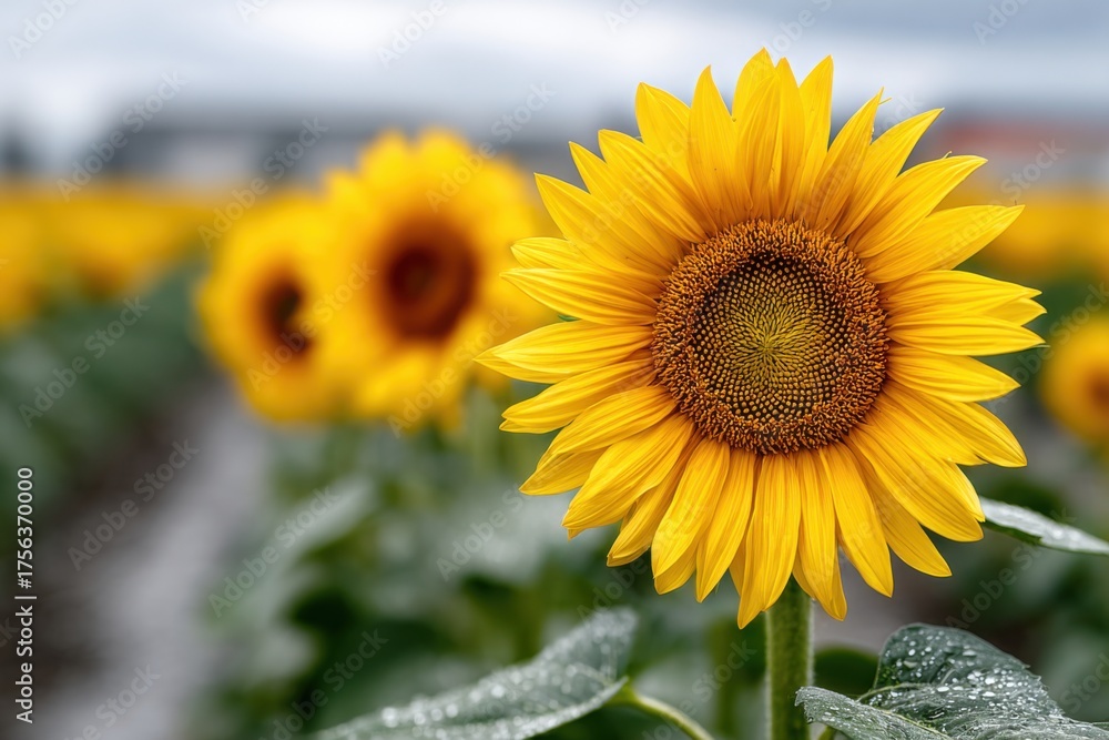 Obraz premium Bright sunflowers blooming in a vibrant field during a cloudy day