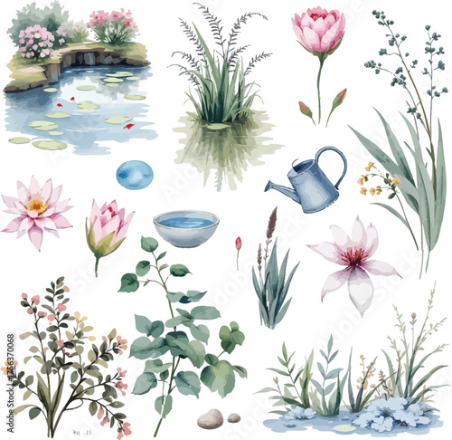 Watercolor illustration of garden elements set