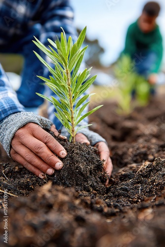 Hands planting young saplings in a garden, showcasing a community effort to promote environmental sustainability and green spaces in urban areas
