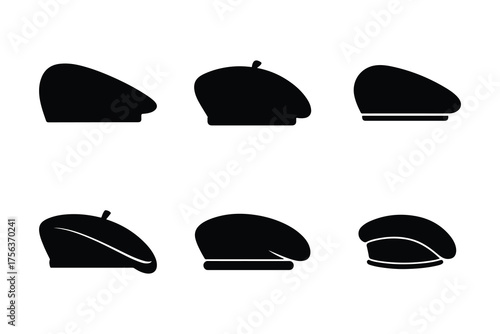 Vector beret hat silhouette set isolated on white background