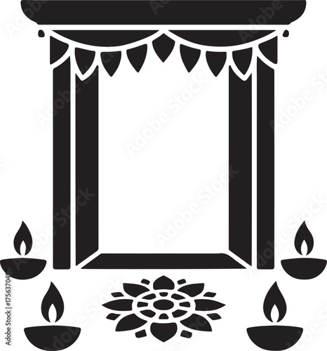 Traditional indian toran archway with diyas and lotus flower decoration