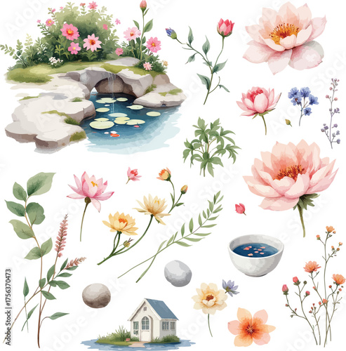 Watercolor Spring Garden with Flowers and Pond