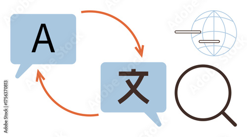 Speech bubbles, arrows, globe, and magnifying glass symbolize language translation, global communication, and research. Ideal for linguistics, AI, education localization globalization technology