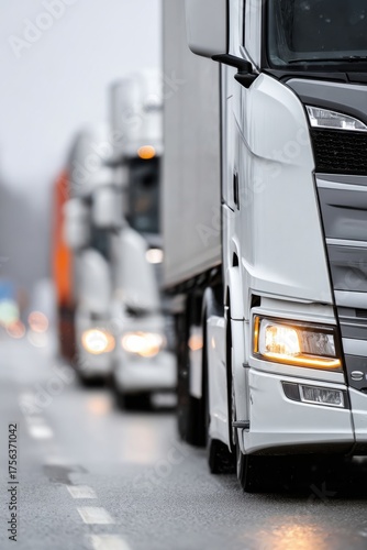 Trucks lined up on a rainy road with blurred background, showcasing the busy transport industry in action
