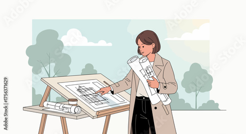 Architect Examining Blueprint Design On Drawing Board Outdoors