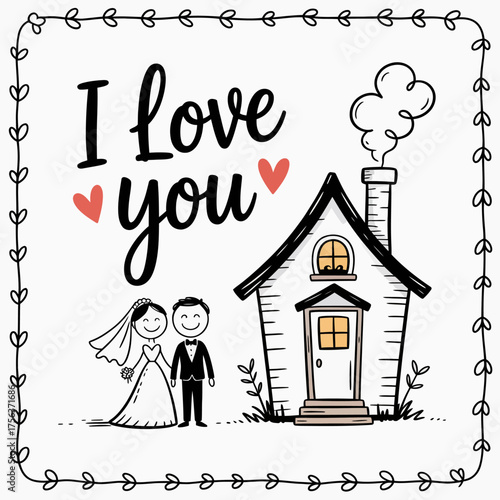 Love's Embrace: A charming illustration of a newly wedded couple stands hand-in-hand before their dream home, with the words I love you above, creating a heartwarming scene.