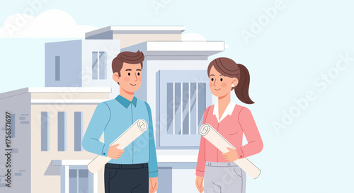 Architects Discussing Building Plans Near a Modern Structure