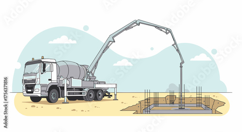 Concrete Mixer Truck Pours Foundation for New Building Construction Site