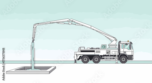 Concrete Pump Truck Pouring Cement Into The Manhole Line Art Illustration