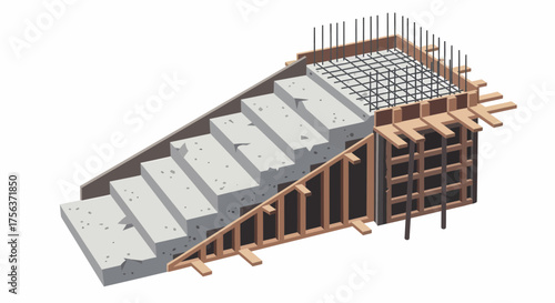 Concrete Staircase Under Construction With Reinforcement Mesh And Formwork