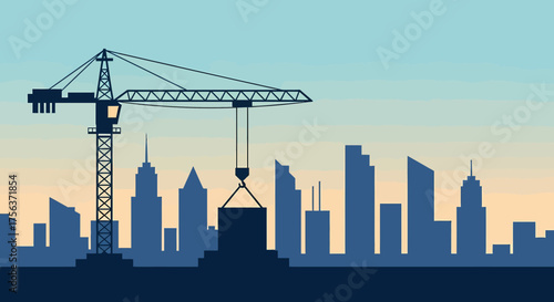 Construction Crane Over City Skyline Silhouette Vector Illustration
