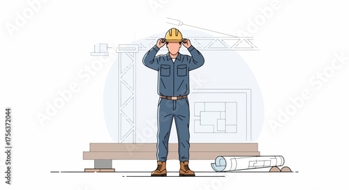 Construction Worker Adjusting Helmet At Building Site Blueprint