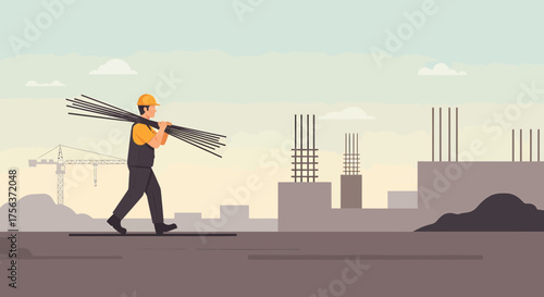 Construction Worker Carrying Rebar At Construction Site Illustration