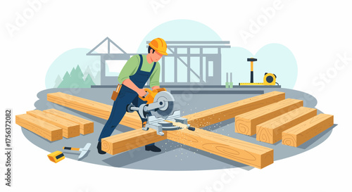 Construction Worker Cutting Wood Planks With Circular Saw Illustration