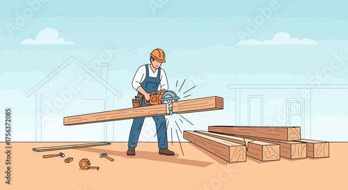 Construction Worker Cutting Wood With A Circular Saw Illustration