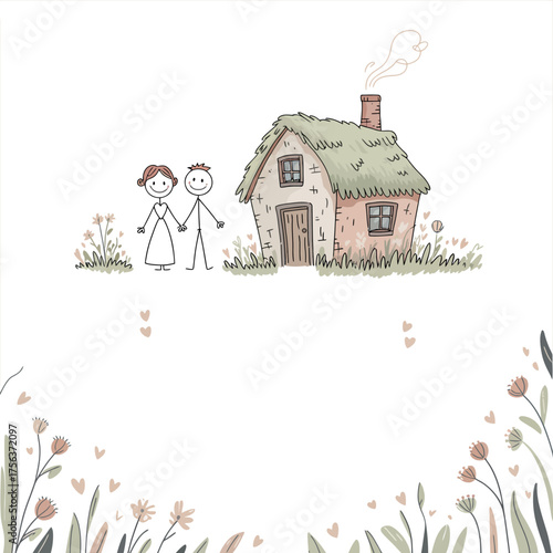 Home and Heart: A heartwarming illustration depicts a couple hand in hand, with a quaint cottage at their side, symbolizing the joy and peace of home and belonging.