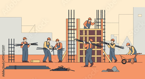 Construction Workers Building Concrete Foundations For New Structure Site