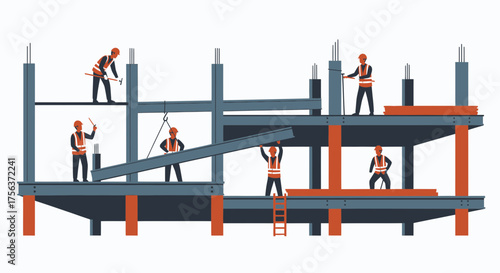 Construction Workers Erecting A Steel Frame Building Structure
