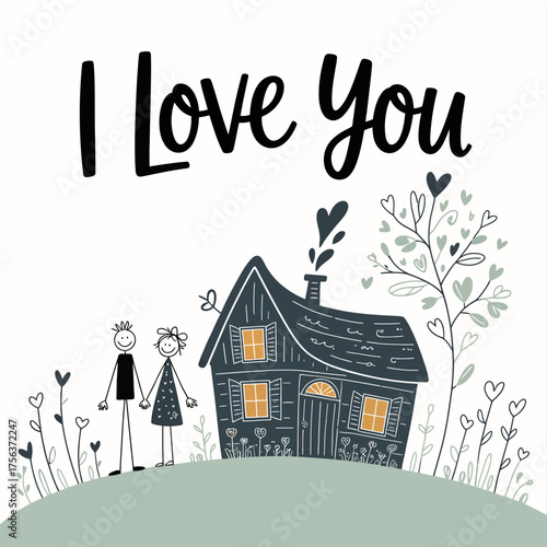 A Drawn Expression of Love: A heartwarming depiction of I Love You alongside a cute house, stick figure couple, a tree adorned with hearts, creating an emotional image.