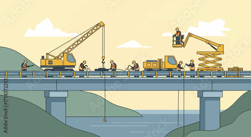 Construction Workers Repairing Bridge Over Water Cartoon Illustration