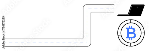 Bitcoin symbol beside a laptop connected by a pathway. Ideal for cryptocurrency, blockchain, fintech, e-wallet, online transaction, digital finance, decentralized network. Simple flat metaphor