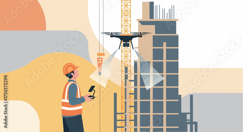 Drone Inspection And Operation On Building Construction Site Vector Illustration