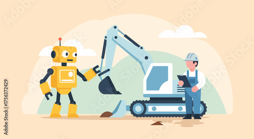Human And Robot Collaboration On A Construction Site Cartoon Style
