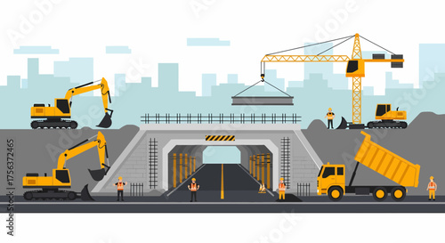 Infrastructure Project In Progress With Heavy Machinery And Construction Workers