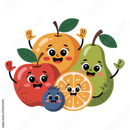 Happy cartoon fruits group waving arms and smiling together