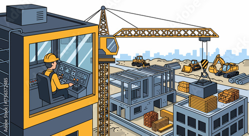 Isometric Construction Site Scene with Tower Crane and Heavy Machinery