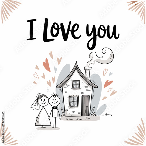 Love's Shelter: Sweet illustration, a symbol of togetherness in marriage, two stick figures stand hand-in-hand before a charming cottage, love hearts shower around it.