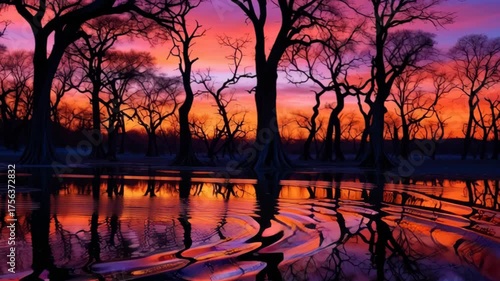 Majestic Sunset Over Calm Waters with Silhouetted Trees in a Serene Landscape