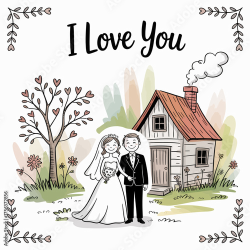 Everlasting Vows: A heartwarming illustration of a bride and groom, hand-in-hand, standing before their quaint, cozy home, symbolizing the beginning of their eternal love and commitment.