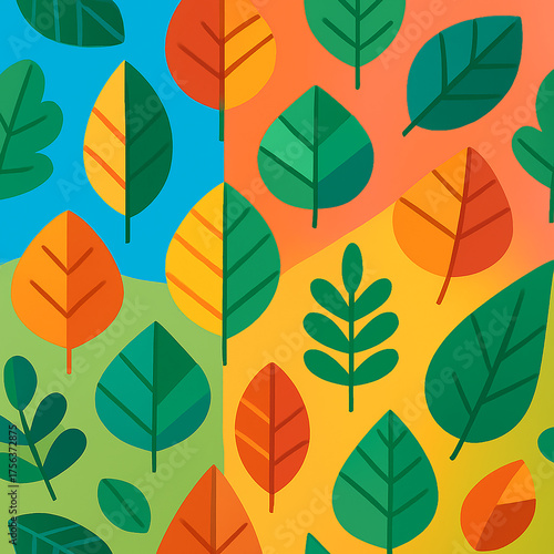 A vibrant, flat design illustration featuring a repeating pattern of stylized leaves in autumnal colors across a four-quadrant background.